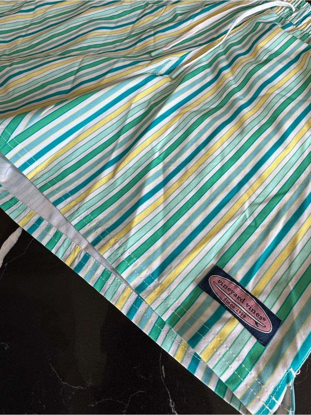 Vineyard Vines Striped Swim Trunks - Teal, Yellow & White